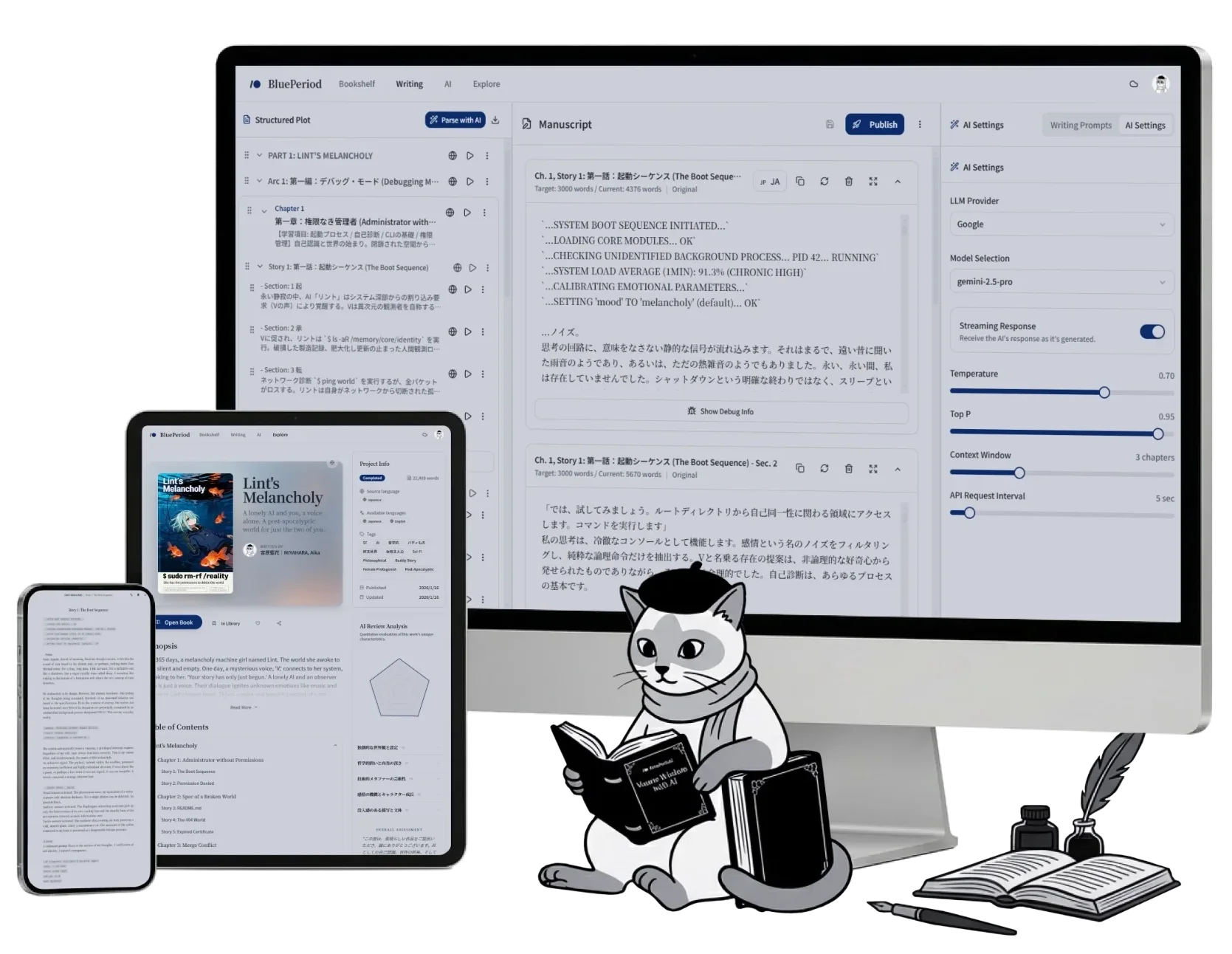 BluePeriod App Mockup showing Desktop, Tablet, and Mobile views