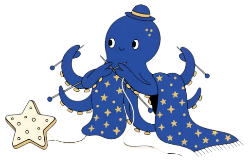 An octopus who knits a starry shawl